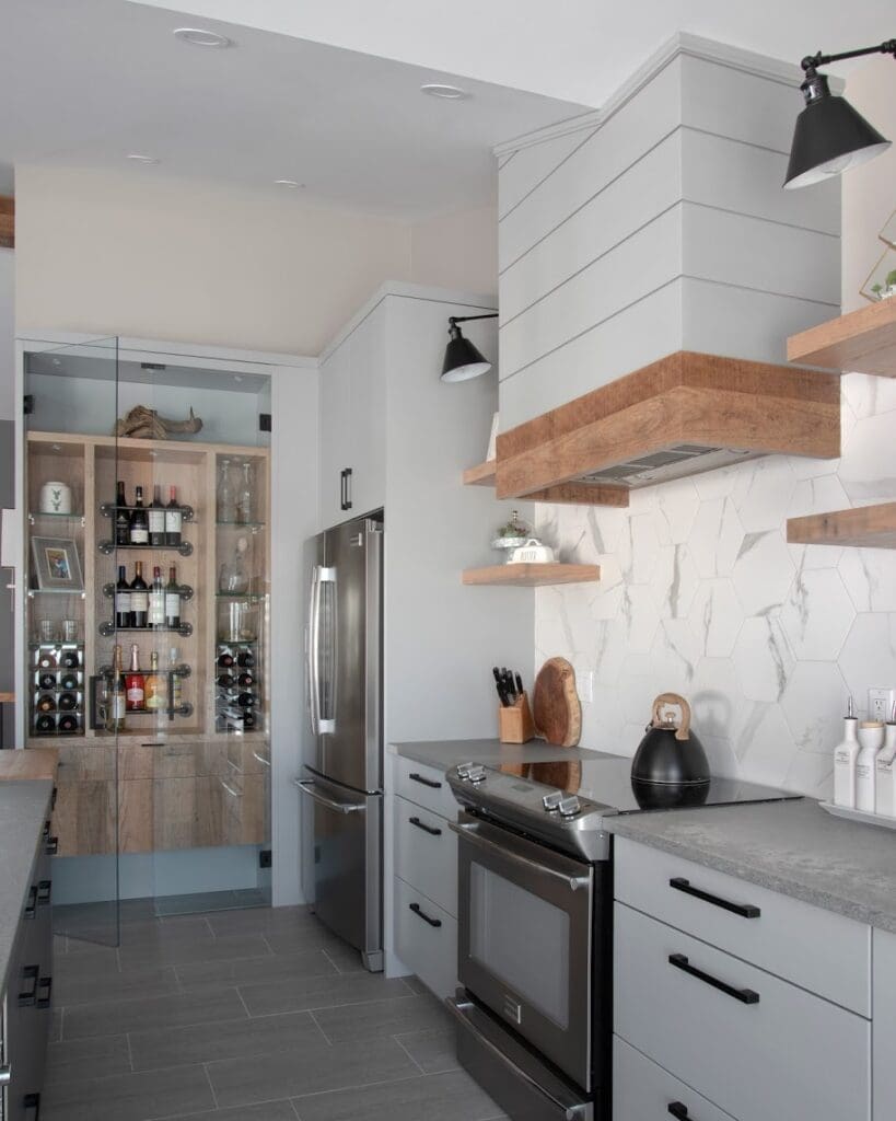 Kitchen with wooden features and wine cellar