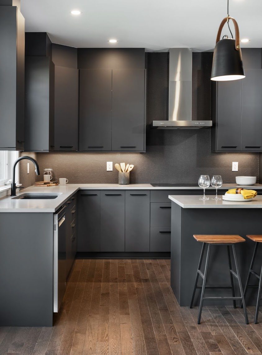 Charcoal coloured kitchen cabinets and island