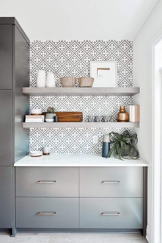 Custom built cabinets with open shelving kitchen