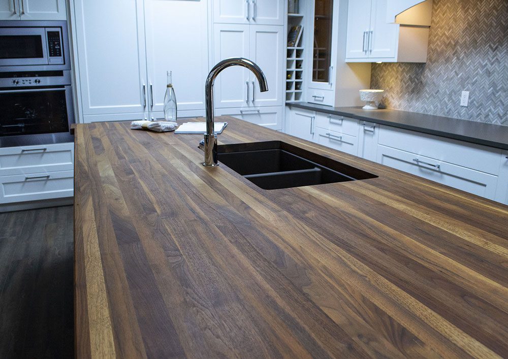 A countertop made with warm wood
